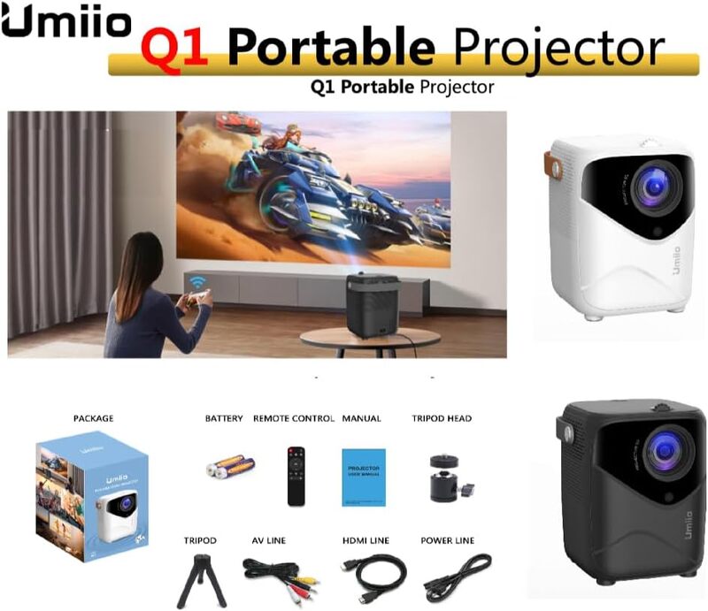 Umiio Q1 Portable Video Projector 5G WiFi Bluetooth Quadrangle Trapezoid WHITE